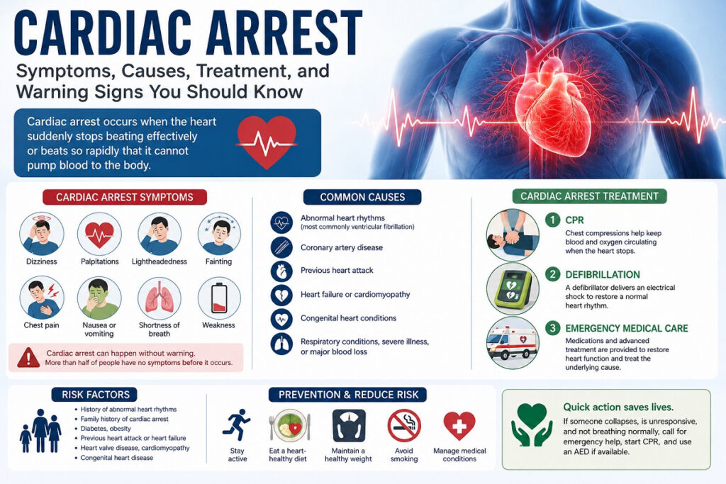 Cardiac arrest, Cardiac arrest symptoms, Cardiac arrest causes, Cardiac arrest treatment, Signs of cardiac arrest